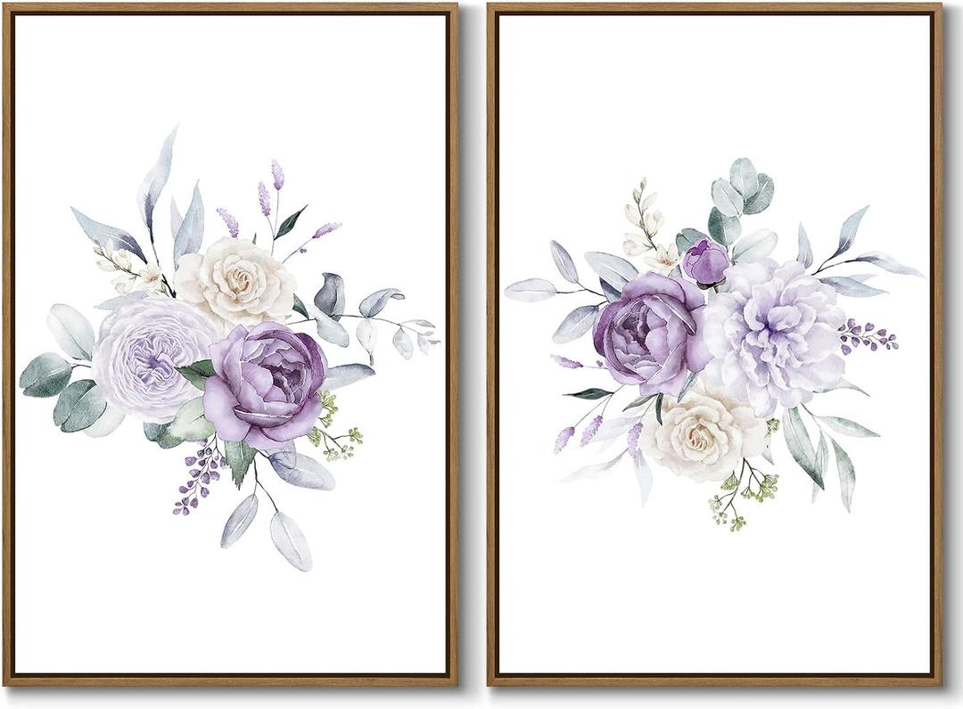 Set of 2 Watercolor Floral Wall Art Purple Blossom Peony Canvas Art Prints Nature Flower Botanical Wall Decor Framed and Ready to Hang for Living Room Bedroom Bathroom Home Wall Decoration, 16x24 Inch