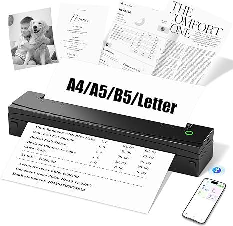NDYIN Portable Printer Wireless for Travel, D80 Thermal Printer, Inkless Printers, Compatible with iOS, Android, Laptop, Supports 8.5" x 11" US Letter & A4 & A5 for Home Use, Office, Vehicles, Black