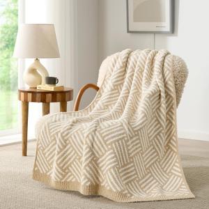 Snuggle Sac Ultra Soft Boho Throw Blanket for Couch Sofa Bed 50x60 inches, Reversible Beige Striped Blanket Microfiber Fluffy Fuzzy Cozy Knit Soft Throws Birthday Gifts for Women
