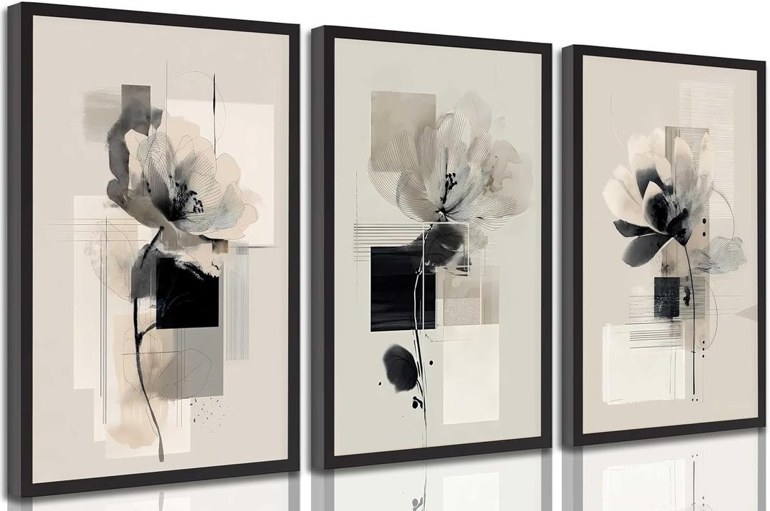 3Pcs Modern Abstract Floral Canvas Wall Art Minimalist Neutral Beige And Black Flower Botanical Painting Picture Wall Decor Poster Print Artwork for Living Room Bedroom Home Decoration Unframed (16L" x 12W")