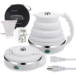 Upgrade Travel Kettle, ShineMe Food Grade Silicone Dual Voltage 110-220V Ultrathin Portable Electric Water Kettle with Cup, Universal Adaptor and Detachable Power Cord, 555ML (White)
