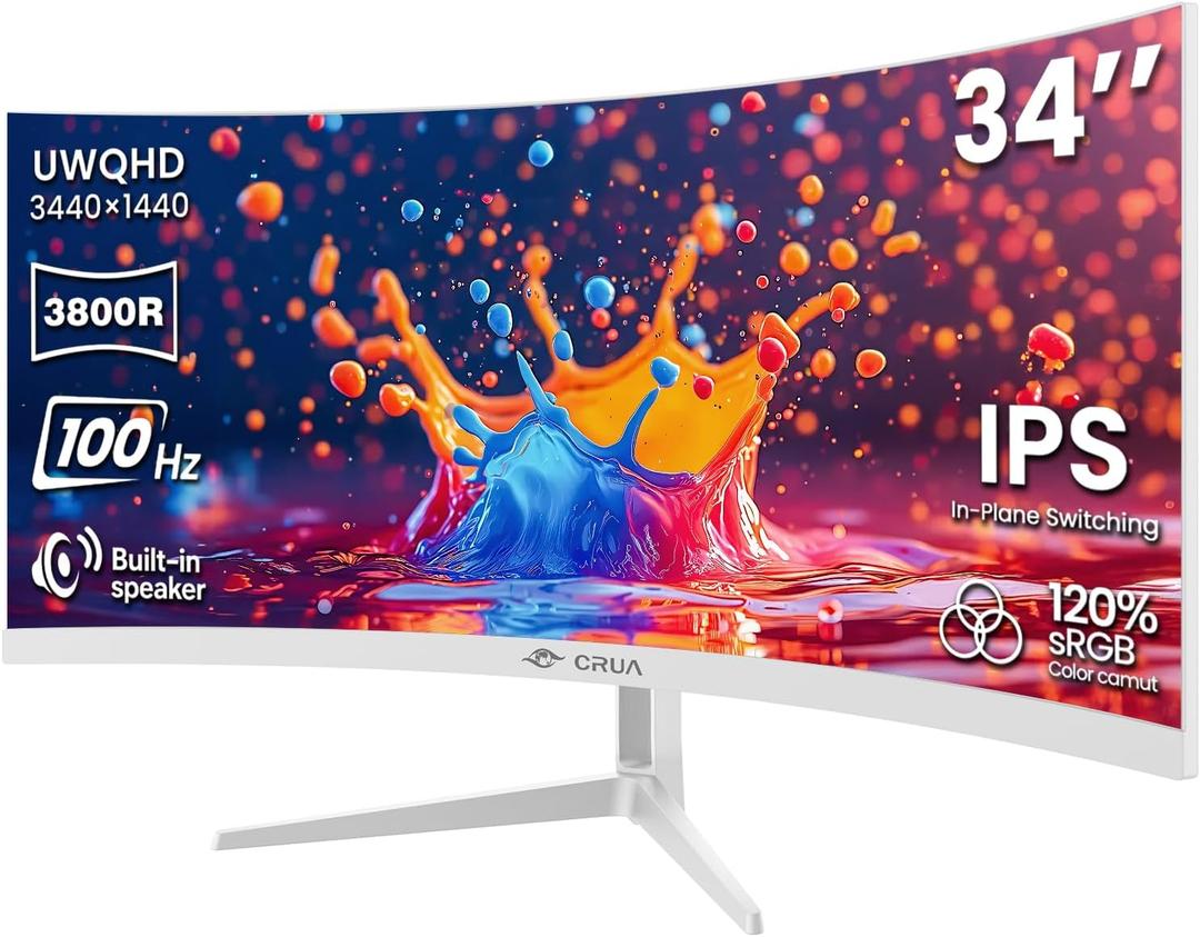 CRUA 34 Inch Ultrawide Curved Monitor, 21:9 UWQHD 3440x1440 100Hz 3800R IPS White Computer Monitors, FreeSync, Built-in Speakers, 120% sRGB, Blue Light Filter, HDMI 2.0 & DP 1.4, Wall Mountable
