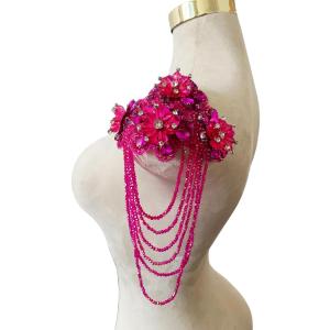 Handmade 3D Three-Dimensional Flower Rhinestones Applique Sewing Crystal Fringe Beads Sequins Patches Accessory for Wedding Dresses DIY Decorative 6X10inches 1PCS/Bag (Rose red)