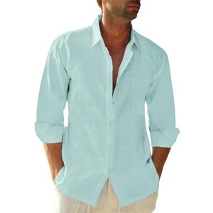 Button Down Linen Shirts for Men Casual Long Sleeve Regular Fit Cotton Beach Shirts with Pocket (Small, Mint Blue)