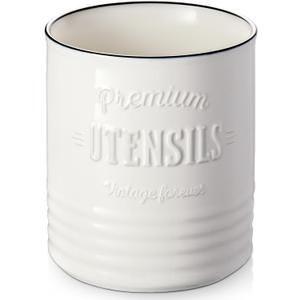 DOWAN 7.2 Extra Large Kitchen Utensil Holder, Farmhouse Utensil Holder for Countertop, Ceramic Utensil Crock with Protection Cork Mat, Utensil Organizer for Kitchen Decor & Housewarming Gift, White