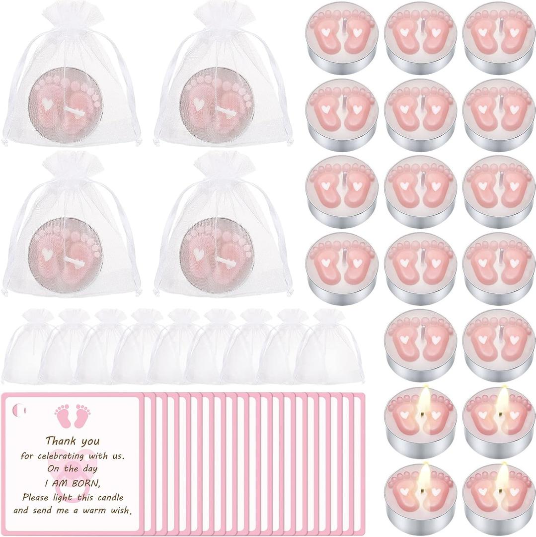 Treela 20 Sets Baby Shower Party Favors Pink Tea Lights Candles with Organza Bag for Guests Cute Feet Shaped Burning Thank You Tags Return Gifts Keepsakes for Baby Shower Gender Reveal Party