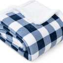 PAVILIA White and Navy Blue Buffalo Plaid Sherpa Throw Blanket for Couch Twin, Soft Fuzzy Flannel Blanket for Bed, Plush Checkered Fleece Blanket and Throws, Warm Thick Winter Blanket Gift, 60x80