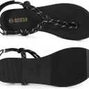 Rihero Rope Thong Sandals for Women Ankle Strap Slip On Comfortable Beach Flat Sandals (Black)