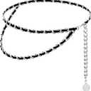 Leather Chain Belts for Women Girls, Layered Body Chain Belts Metal Waist Chain for Dress Vest Jeans (M: (Fit Waist 110cm/43.3in), Silver Black 2)