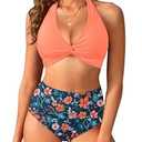 Yonique Women's Two Piece High Waisted Bikini Set Tummy Control Swimsuit Full Coverage Bathing Suit Halter Orange Flowers, Size: S