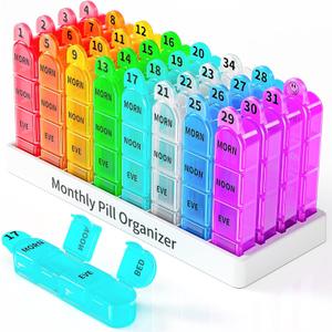 Odaro Monthly Pill Organizer 4 Times a Day, 30 Day Pill Organizer, Monthly Pill Box 4 Times a Day Organizer, Portable Pill Case OrganizerRainbow