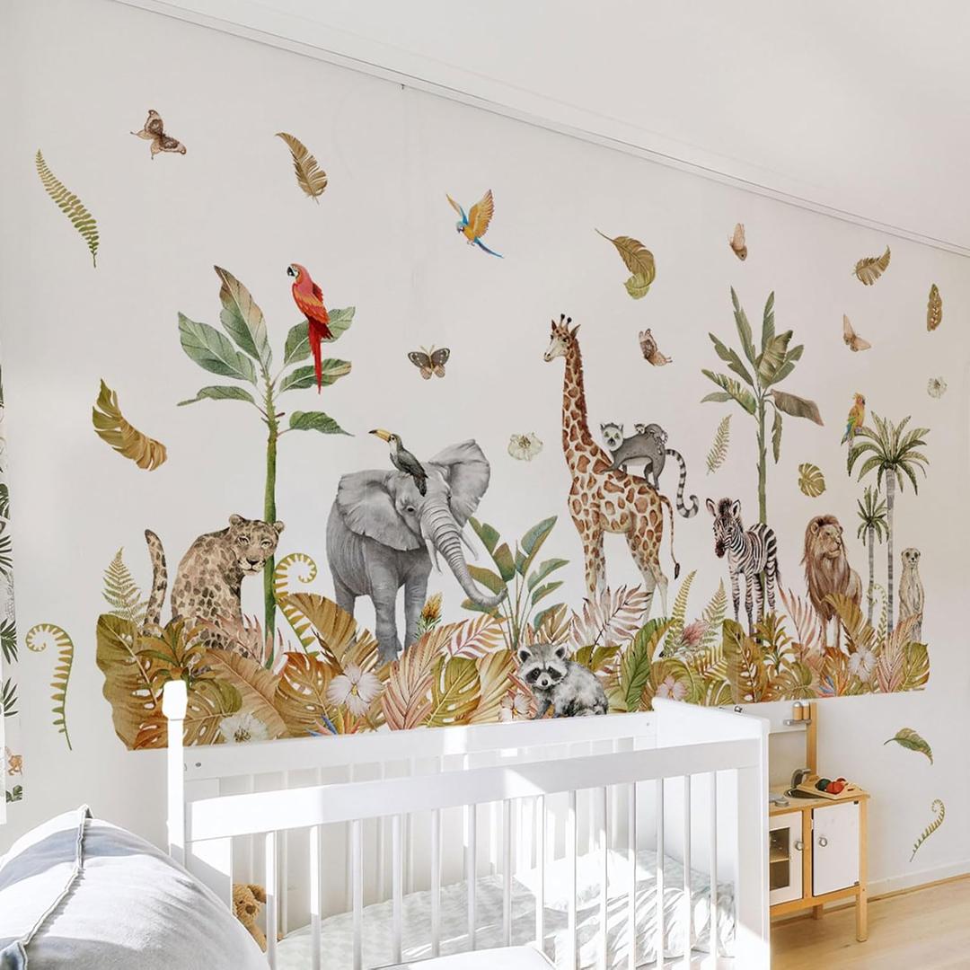 Large Safari Animals Boho Tropical Rainforest Leaves Tree Wall Stickers Jungle Animals Giraffe Elephant Lion Leopard Parrot Wall Decals for Living Room Bed Room Class Room Wall Dcor