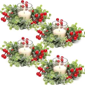 Christmas Candle Ring, 4 Pcs Clear Votive Candles with Red Berry Xmas Candle Ring Wreath for Christmas Table Centerpiece Decoration Party Holiday