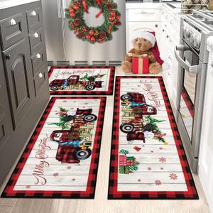 Vaukki Christmas Kitchen Rug Sets 3 Pieces, X-Mas Washable Kitchen Mats for Floor, Non Slip Kitchen Area Rug Floor Mat for Kitchen, Laundry Room and Hallway (Car, 20"x32"+20"x47"+20"x59")