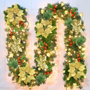 Christmas Garland, 9FT/2.7M Xmas Garland with Lights for Front Door, Christmas Tree Decorations, Mantle, Home, Stairs, Fireplace, Porch, Holiday Indoor Outdoor Decor (Gold)