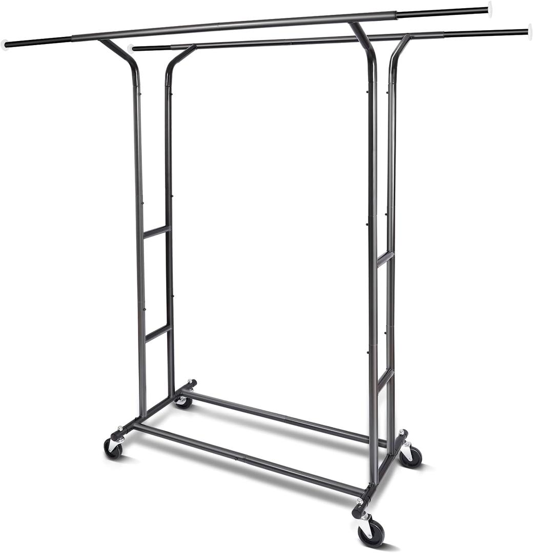 Fishat Black Heavy Duty Double Rod Garment Clothes Rack for Hanging Clothes, Rolling Organizer Commercial Metal with Lockable Wheels Mobile for Coats Dresses