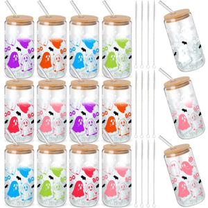 12 Pcs Halloween Glass Cups Gifts 16 oz Color Changing Ghosts Glass Tumblers with Lids Straws Brushes Funny Cute Ghosts Bat Iced Coffee Cups for Beer Soda Halloween Party Gift Supplies