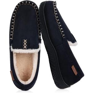 House Slippers for Men Moccasins - Memory Foam&Warm Plush Indoor Outdoor Slip-on Loafers (8, Black)