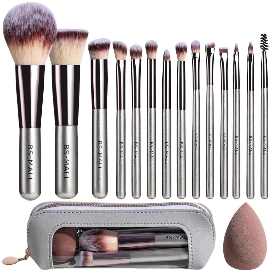Travel Makeup Brush Set BS-MALL 14 Pcs with 1 Pcs Makeup Sponge  Essential Foundation Powder Concealers, Eye Shadows, Blush Makeup Brushes with Travel Makeup Case (Champagne)