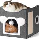 Cat Houses for Indoor Cats, Large Cat Cave with Fluffy Ball and Scratch Pad, Covered Cat Bed House, Foldable Cat Hideaway