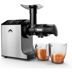 Cold Press Juicer, Masticating Juicer Machines Easy to Clean with Brush, Touch Screen Stainless Juicer Machines for Vegetable & Fruit, Juice Extractor with Quiet Motor & 2 Speed Modes, Black