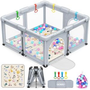 OCATO Baby Playpen with Mat: Foldable Playpen for Babies and Toddlers Play Pen Portable Playpens Fence Indoor Outdoor Kids Safety Area Play Yard with 50x50 Playpens Mat 4 Handlers 50 Balls (50"  50")