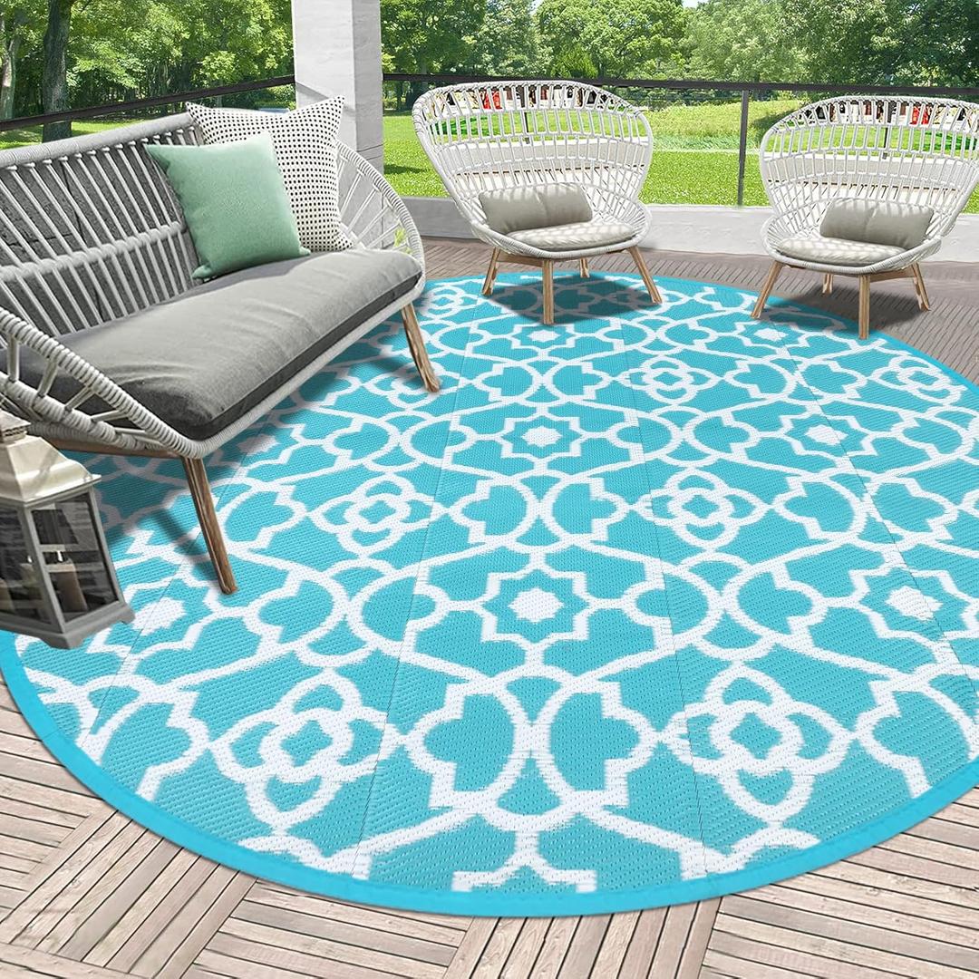 HEBE Outdoor Rug Waterproof 8ft, Plastic Straw Rug Camping Rug, Reversible Outdoor Patio Rugs RV Mat Clearance, Indoor Outside Floor Carpet for Porch,Deck,Camper,Balcony,Backyard (Teal)