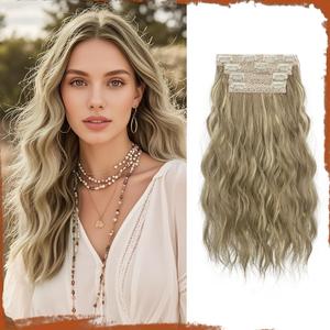Sofeiyan Caramel Brown Mixed Beige Blonde Hair Extensions 16 inch Clip in Hair Extensions 4PCS Synthetic Fake Hair Soft Natural Hairpiece 140g Curly Thick Blonde Hair Extension for Women