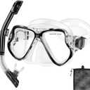 Snorkeling Gear for Kids Adults, Dry Snorkeling Set, Panoramic Anti-Leak and Anti-Fog Tempered Glass Lens, Adjustable Strap Snorkel Set with Mesh Bag Ear Plug for