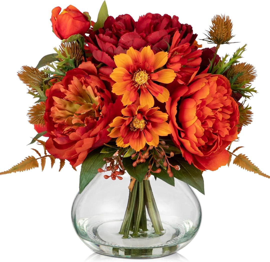 Fake Peony Flowers in Vase Fall Table Centerpiece Faux Floral Arrangement in Vase Autumn Artificial Flowres for Tables Orange Silk Flowers Arrangement (Orange,Round Glass)
