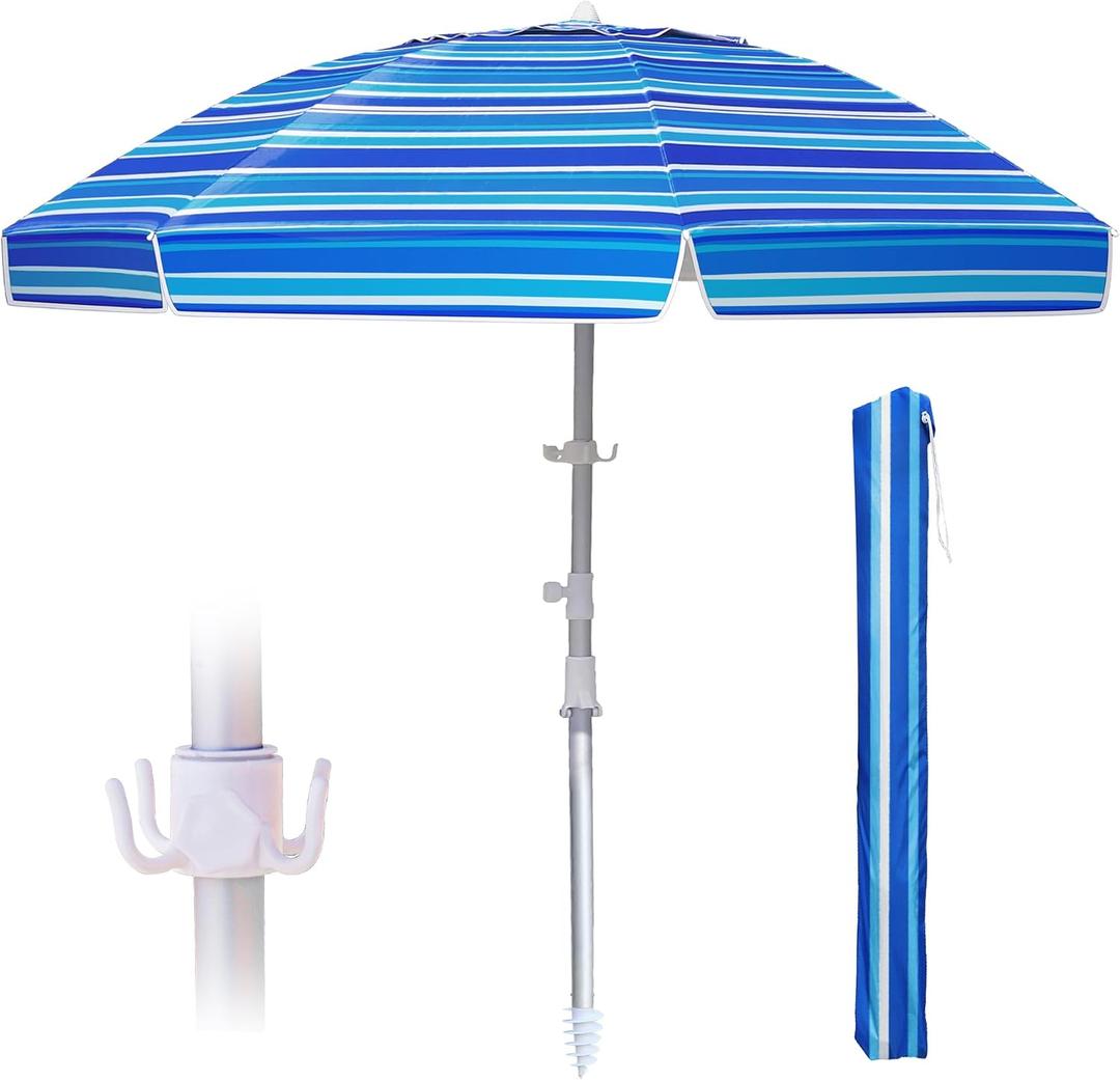 8ft Large Beach Umbrella,Heavy Duty Wind Resistant Portable Sun Shade w/Tilt Pole&Sand Anchor,Shoulder Carry Bag,Removable Hook,UV 50+ Protection,Air Vents Design for Patio Garden Pool