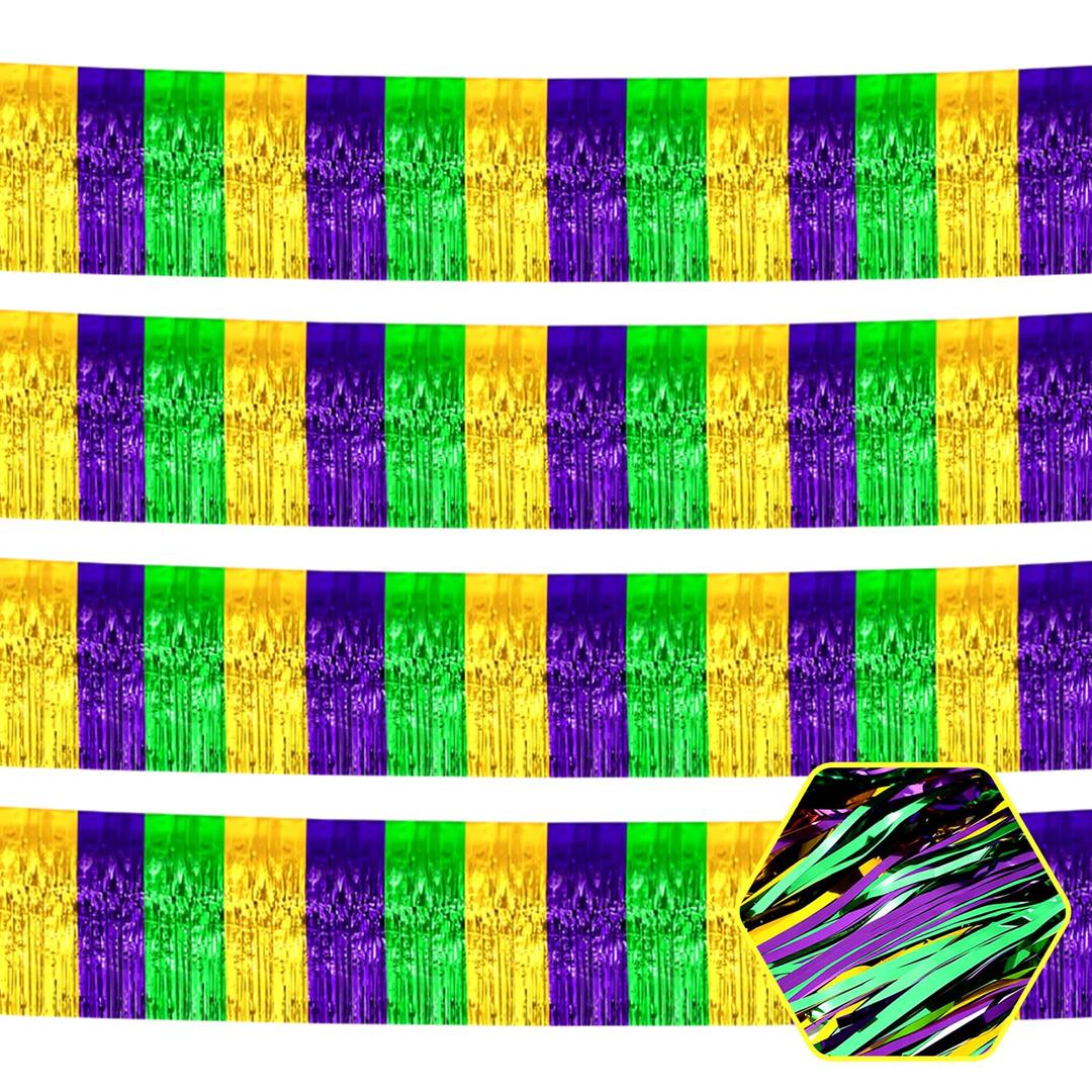 6P Gold Green Purple Wavy Metallic Foil Fringe Banner Tinsel Banner Backdrop Garland Curtains for Parade Floats Wedding Birthday Parties Decoration Halloween Christmas