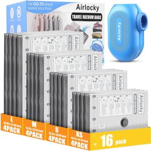 Travel Vacuum Storage Bags with Pump, 16 Pack Carry-on Compression Packing Bags + Portable Electric Pump, 80% Space Saver of Clothes, Vacuum Seal Bags for Clothing Travel Luggage