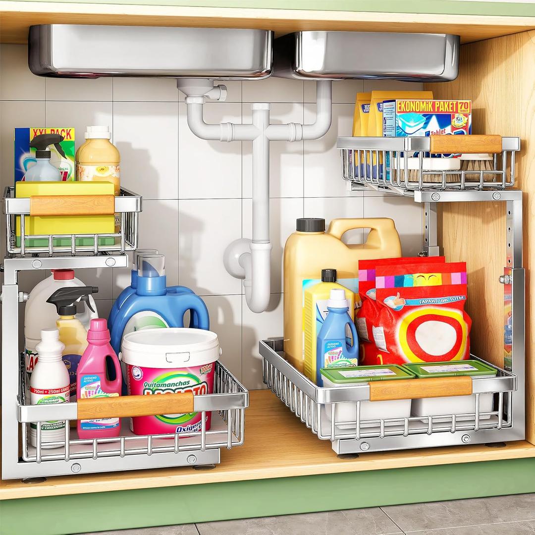 Kitstorack Under Sink Organizer, 2 Tier Under the Sink Storage, Slide out Pull out Cabinet Organizer Shelf, Metal Sliding Drawer for Kitchen Bathroom Pantry Closet Organization Rack, Silver, 1 Pack