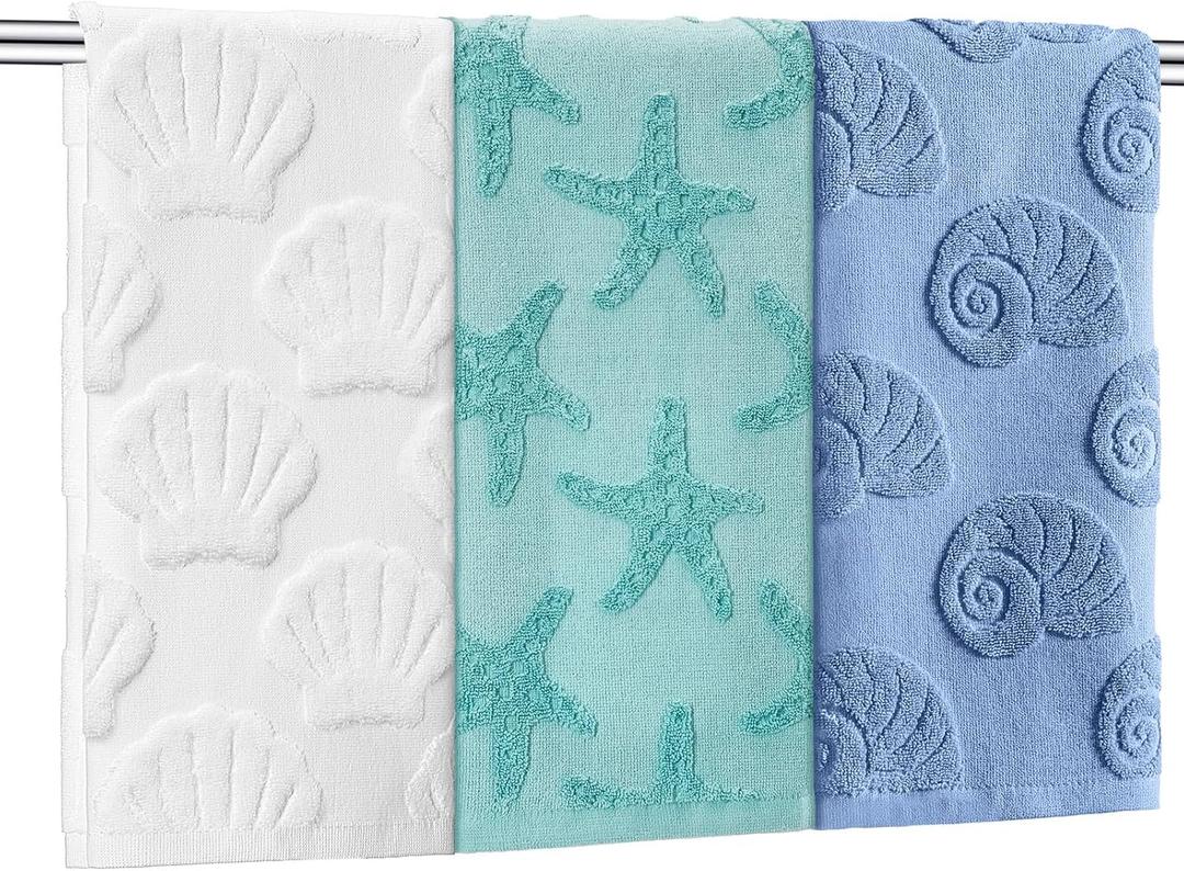 Moukeren 3 Pcs Coastal Hand Towels for Bathroom Ocean Beach Decorative Bath Towels 100% Cotton Jacquard 3D Sea Starfish Shells Absorbent for Summer Beach Theme Gifts Bathroom Decor 13.78 x 29.53 Inch