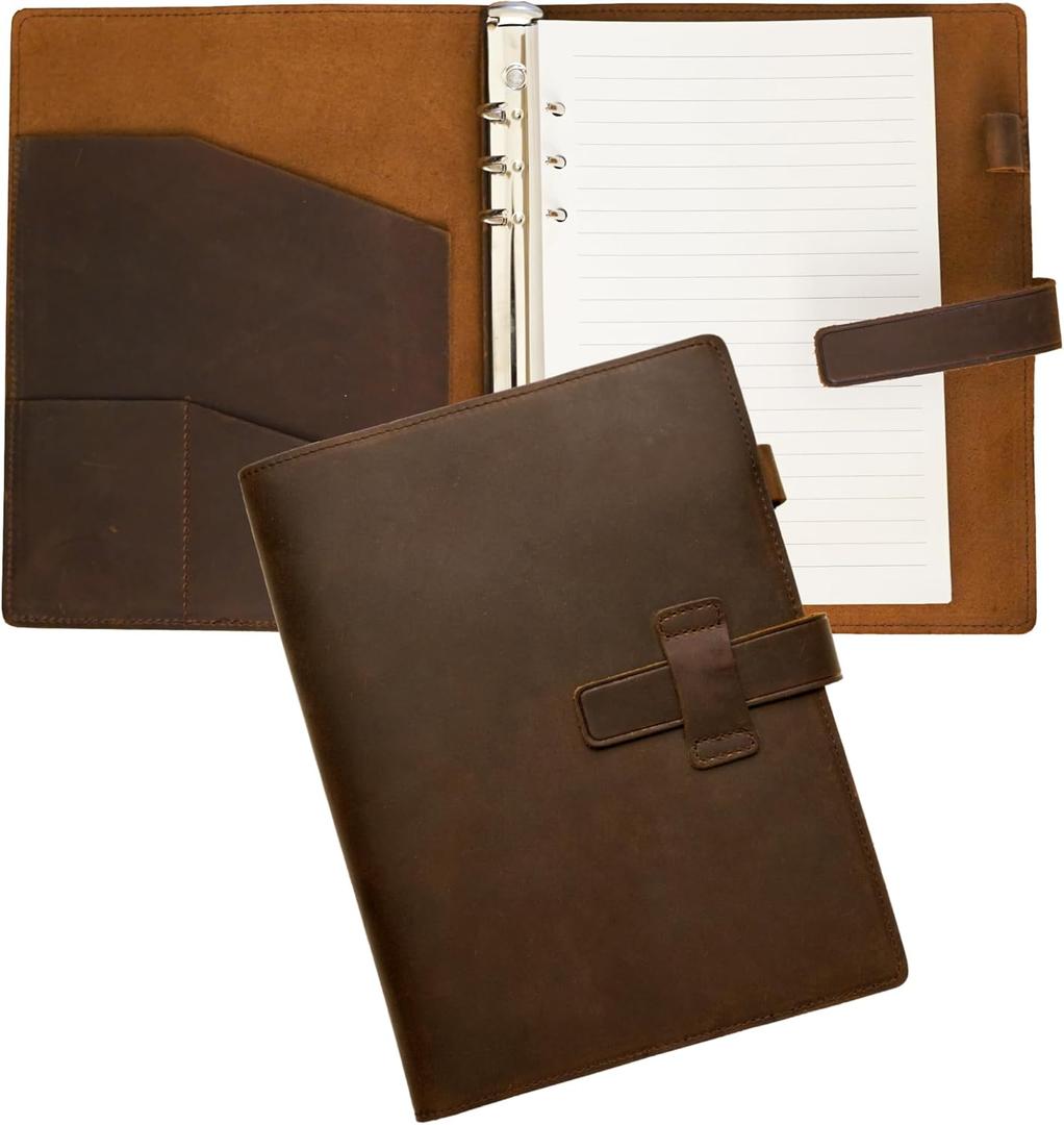 Refillable A5 Leather Binder Notebook 6-Ring, Reusable Genuine Leather Journal, Vintage Planner, 120 Pages Lined Paper & Pocket, for Writers Business Work Study College and Daily, 6.9x 9