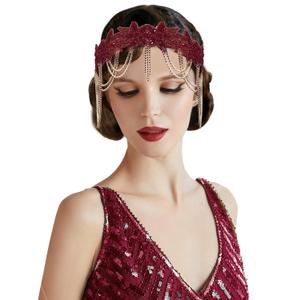 BABEYOND 1920s Flapper Headpiece Roaring 20s Headband Great Gatsby Headband Chain for Women Vintage Hair Accessory (Red)