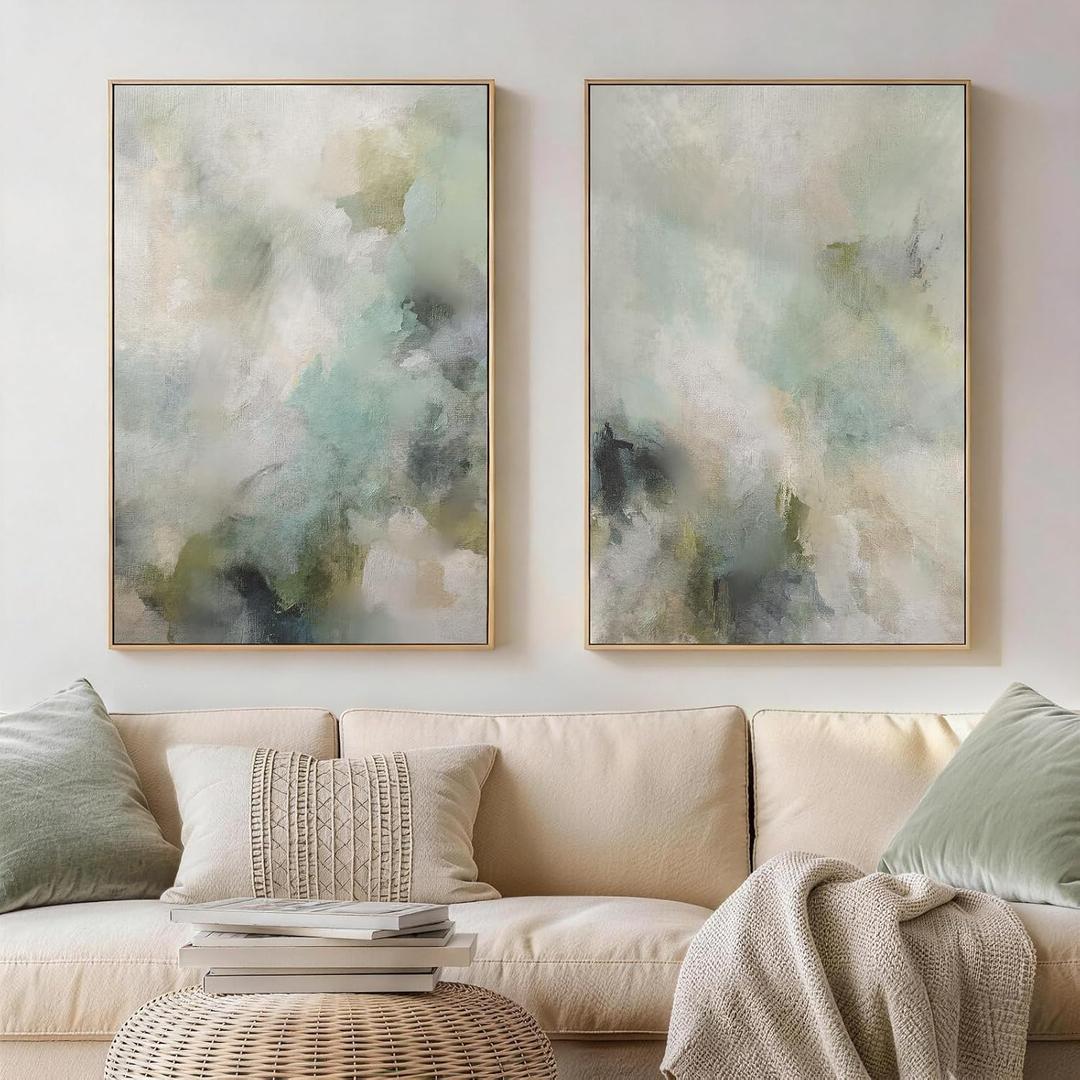 Framed Sage Green Abstract 2 Piece Wall Art for living room, 24x36 Inch, 24" W x 36" H x 2Pcs