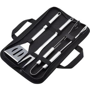 Amazon Basics 4-Piece Stainless Steel BBQ Grilling Tool Set with Carry Bag, Rust-Resistant, Dishwasher Safe