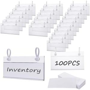 Acrux7 100 PCS Plastic Wire Shelf Label Holders 4" x 2.2" Basket Label Clips with Double Snap Lock Closure, Clear Wire Rack Label Holder Price Tag Holder for Market, Retail Shop, Pantry