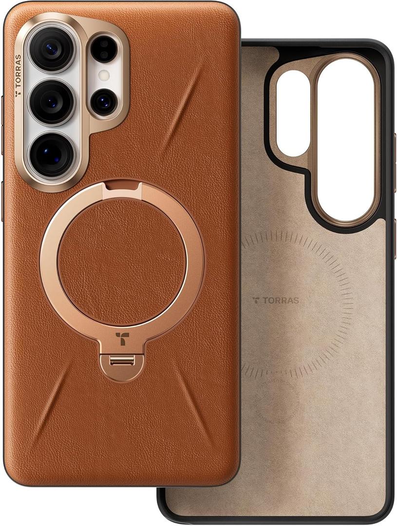 TORRAS Ostand Q3 VegSkin for Samsung Galaxy S26 Ultra Case Leather, 360 Magnetic Stand, Fit for MagSafe, Premium Vegan Leather Case for S26 Ultra Case, Microfiber Lining, Amber Brown