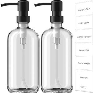 Glass Soap Dispenser with Pump, 2 Pack Clear Bathroom Hand Soap Dispenser  17 Fl Oz Refillable Kitchen Hand and Dish Soap Dispensers Set, Modern Liquid Pump Bottles