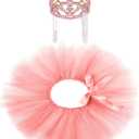 2 Pcs Dog Crown Headband Dog Tutu Dress Set Crystal Rhinestone Tiara Crown Tutu Skirt Pet Dress Costume for Puppy Birthday Party Wedding Photo Prop Costume (Large, Dusty Pink)