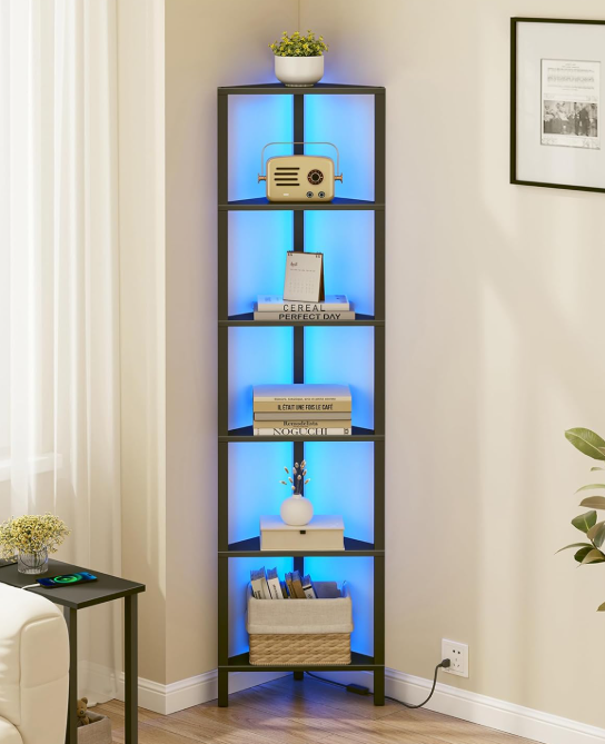 TUTOTAK Corner Shelf with LED Light, 6-Tier Corner Bookshelf for Small Space, Narrow Display Corner Shelf Stand with Storage Rack, for Living Room, Bedroom, Black 