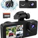 3 Channel Dash Cam, 4K+1080P Dash Cam Front and Rear Inside, Dash Camera for Cars, Triple Car Camera with 32GB Card, Built-in G-Sensor, 2’’ IPS Display Car Camera, Loop Recording, 24Hr Parking