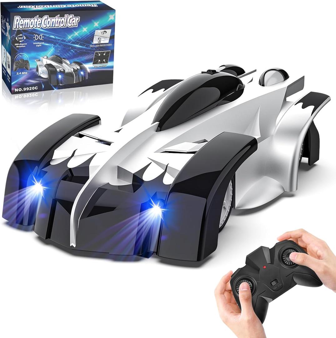 Wall Climbing Remote Control Car, 360 Rotating Wall Climbing Car Toy with LED Light, Rechargeable RC Stunt Cars, Kids Toys Gift for 3 4 5 6 7 8 9 Year Old Boys(Silver)