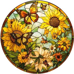 Sunflower Stained Glass Window Hanging - Acrylic Suncatcher Butterfly Ornament - Round Sunflower Glass Pendant for Outdoor Garden Decor & Gifts (Large)