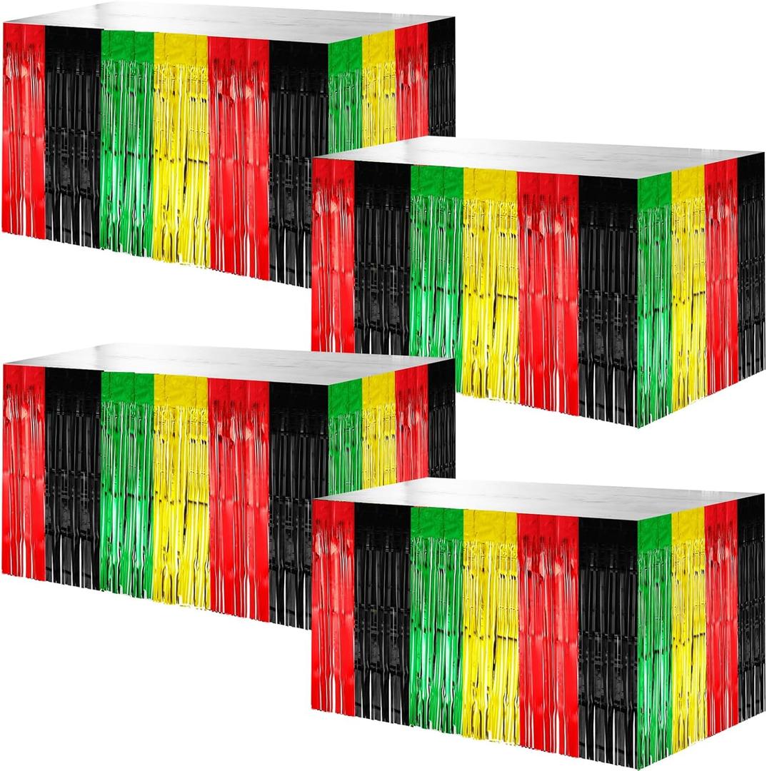 4 Pack Juneteenth Day Party Table Skirt Decorations 108 x 29 Inch June 19th African Foil Fringe Tinsel Table Skirts Free Day Banner for American National Holiday Supply Home Kitchen Decor
