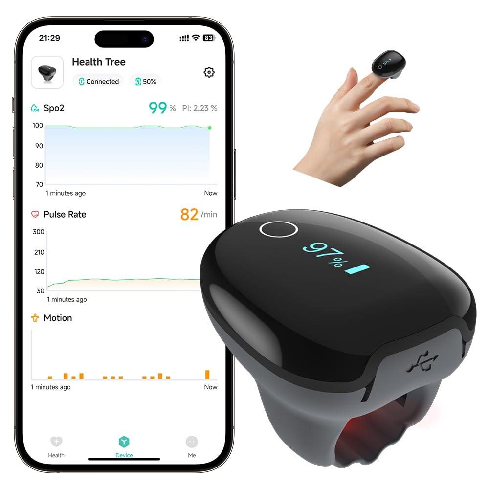 Pulse Oximeter O2 Ring Oxygen Monitor with Smart Reminder Sleep Oxygen Monitor Continuous Recording of SpO2 & PR, Blood Oxygen Saturation Rechargeable Pulse Ox with Free APP & Reports (Gray)