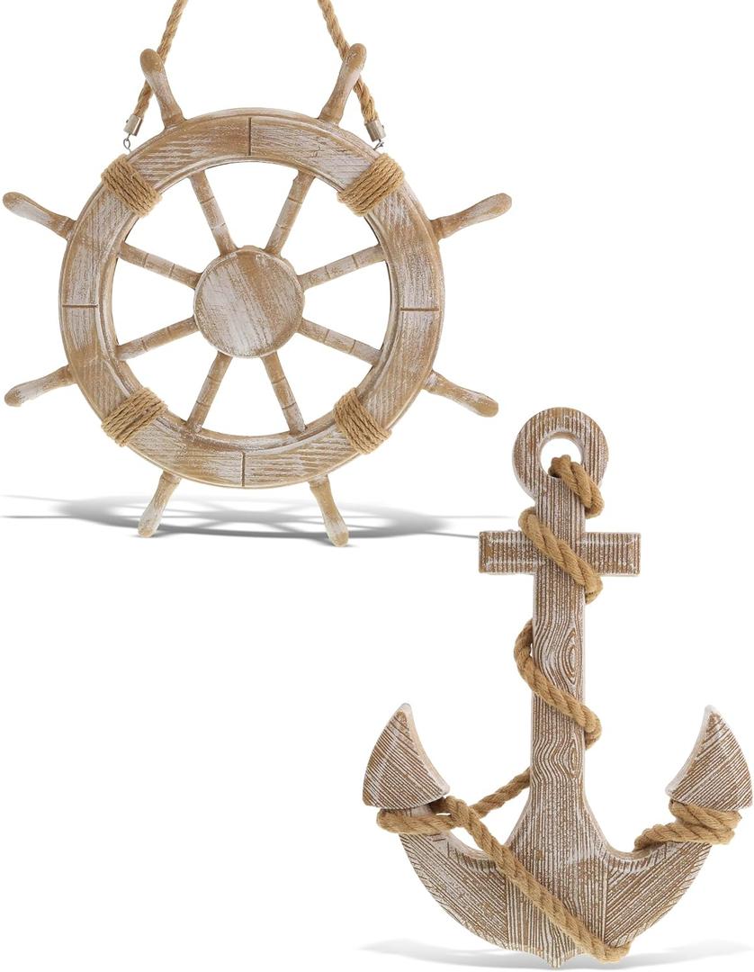 CoTa Global Baja Beach Wall Decor Anchor and Ship Wheel Set - Handmade and Crafted Wooden Anchor and Wheel with Ropes for Hanging, Nautical Themed Home Decor, Boat Steering Decorative Coastal Ornament, 17.8 X 17.8 X 1.1 Inches and 2 X 12.5 X 18 Inches